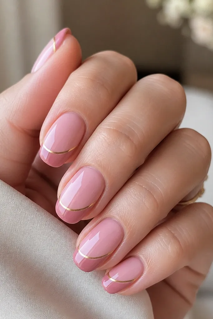 Short oval nails with a soft rose-pink base. The French tips are a slightly deeper rose. On each nail, a thin diagonal gold line runs from the outer corner of the tip toward the center. Glossy finish.