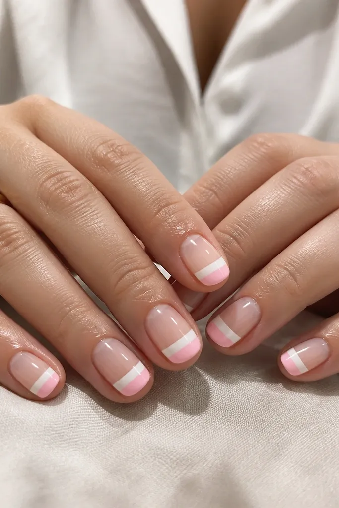 Short oval nails with a clear pink base. The tip is split into two colors: the top half is milky white and the bottom half is blush pink, separated by a clean straight line. Glossy finish.