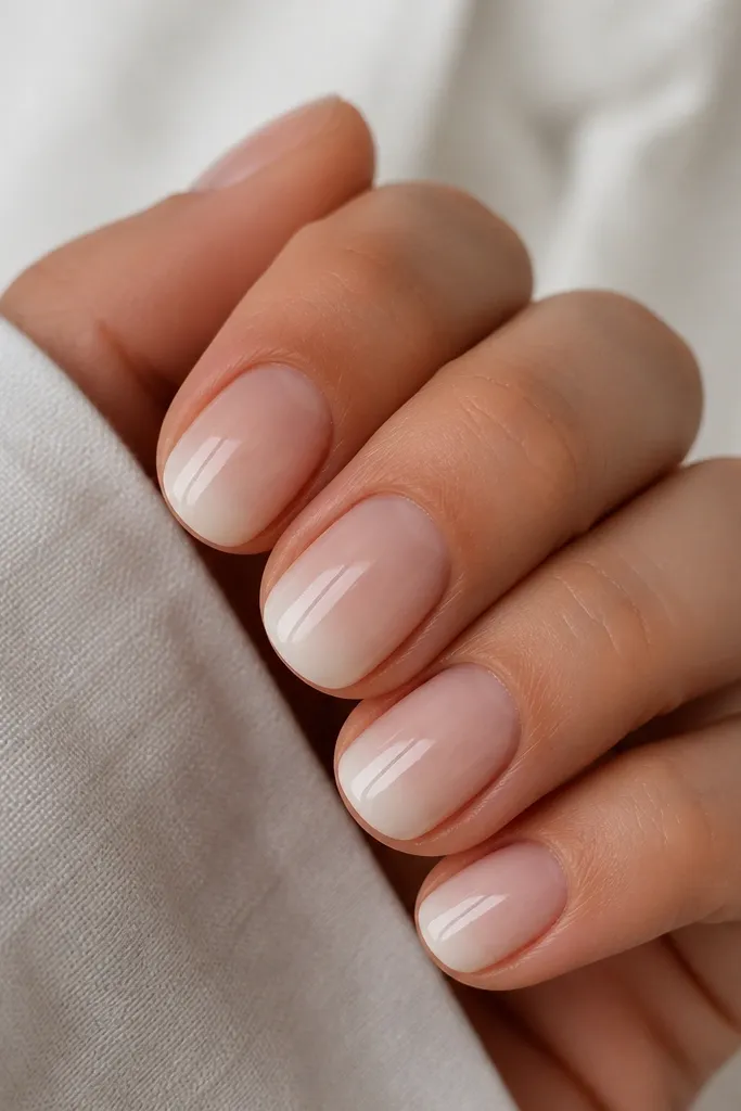 Short oval nails with a sheer base that fades into a nude-to-white gradient at the tip. The smile line is subtle, and the tip looks like it's blending naturally from the nail bed. Glossy top coat.