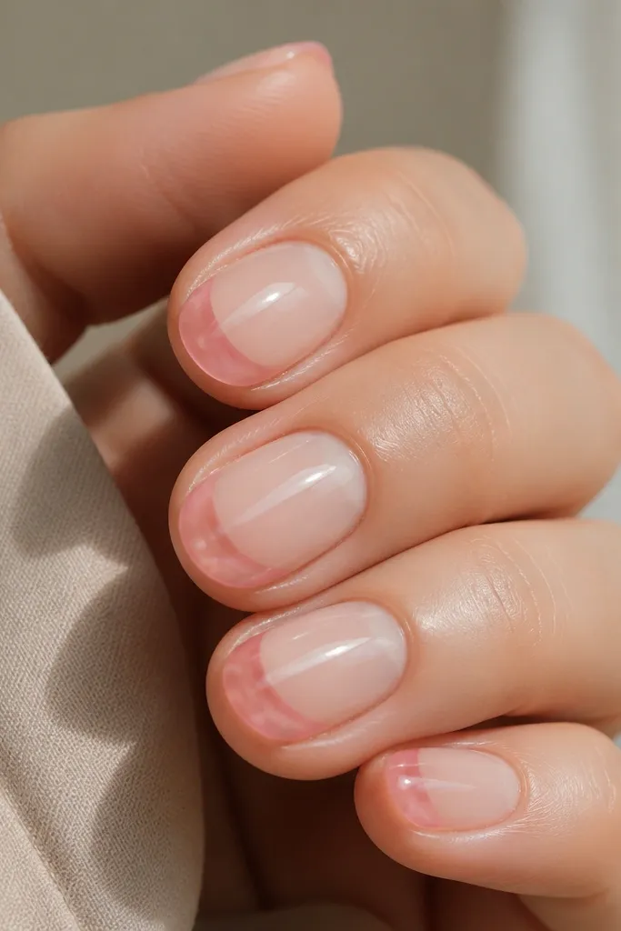 Short oval nails with a clear or very sheer base. The French tips are glossy jelly - translucent with a pink tint - and the smile line is crisp. The nails look wet-glossy with light catching through the jelly.