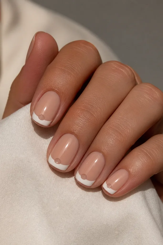 Short oval nails with a nude base. The French tip is white, but there is a small crescent cut-out near the smile line where nude shows through. The crescent is centered and crisp. Glossy finish.