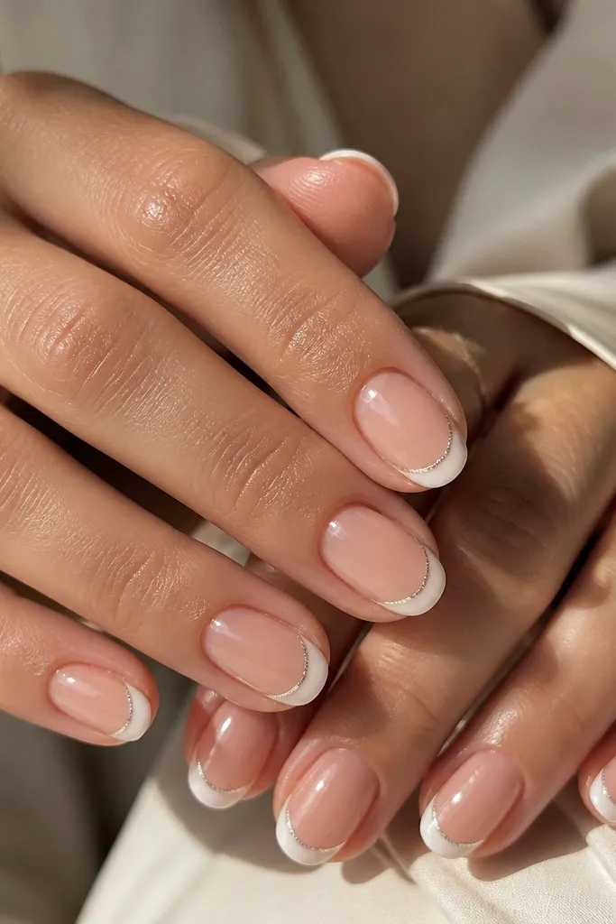 Short oval nails with a sheer nude base and milky white French tips. A thin line of micro chrome powder sits right at the very edge of the white tip, creating a soft metallic sparkle. Smooth glossy top coat.