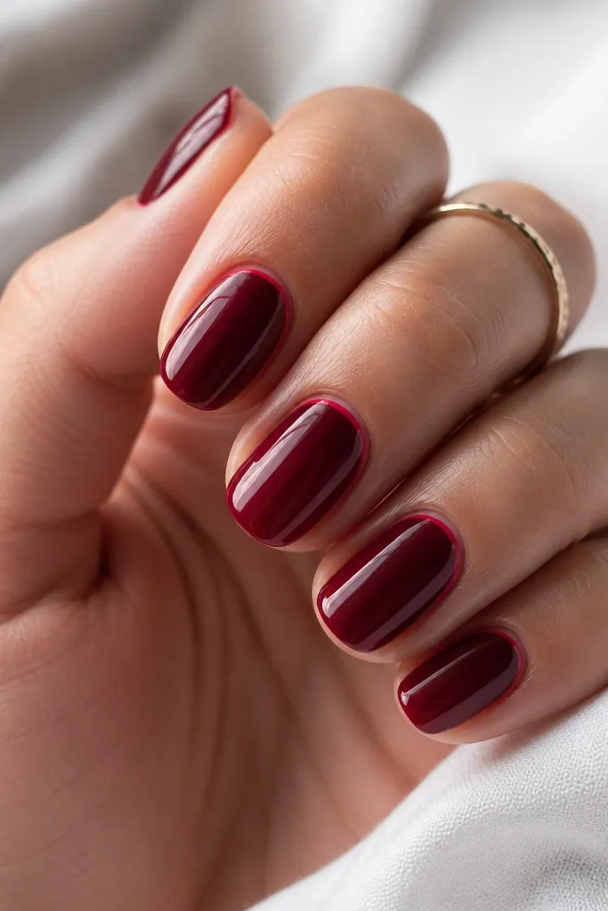A hand with short oval nails painted deep cherry red, glossy top coat, and a very thin light-red line following the cuticle curve on each nail. The edges look crisp with no polish flooding the sidewalls.