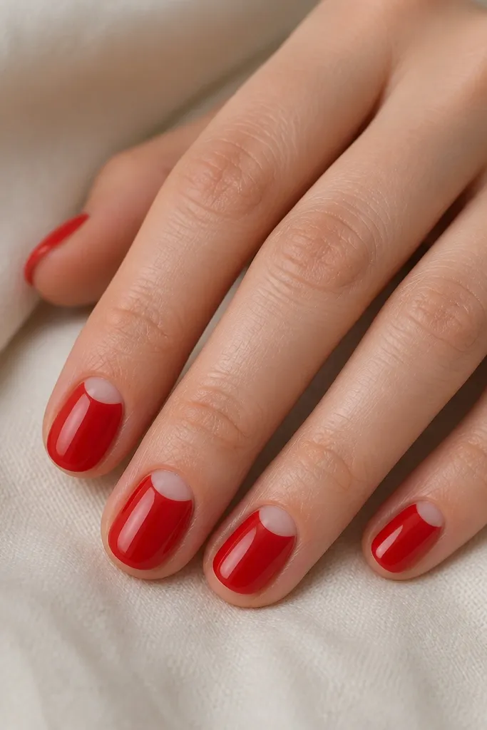 Short oval nails with a classic opaque red crème. The cuticle area has a clean half-moon of bare nail in a smooth arc, centered on each nail, with sharp separation lines.