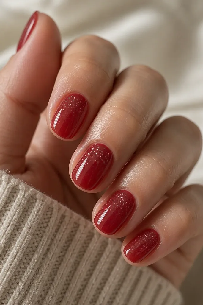 Short oval nails in a translucent red jelly base with a glossy finish. Scattered tiny white speckle dots sit mostly toward the center and upper third of each nail.