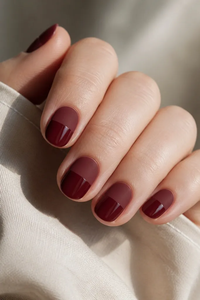 Short oval nails painted wine red. The bottom half of each nail is glossy, while the top half has a matte velvet-like finish, with a clean horizontal line across the nail.