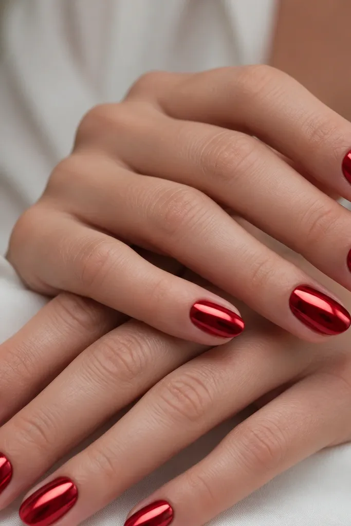 Short oval nails with a solid red base and a mirror-like red chrome overlay. The nails have sharp reflections and a smooth, glassy surface.