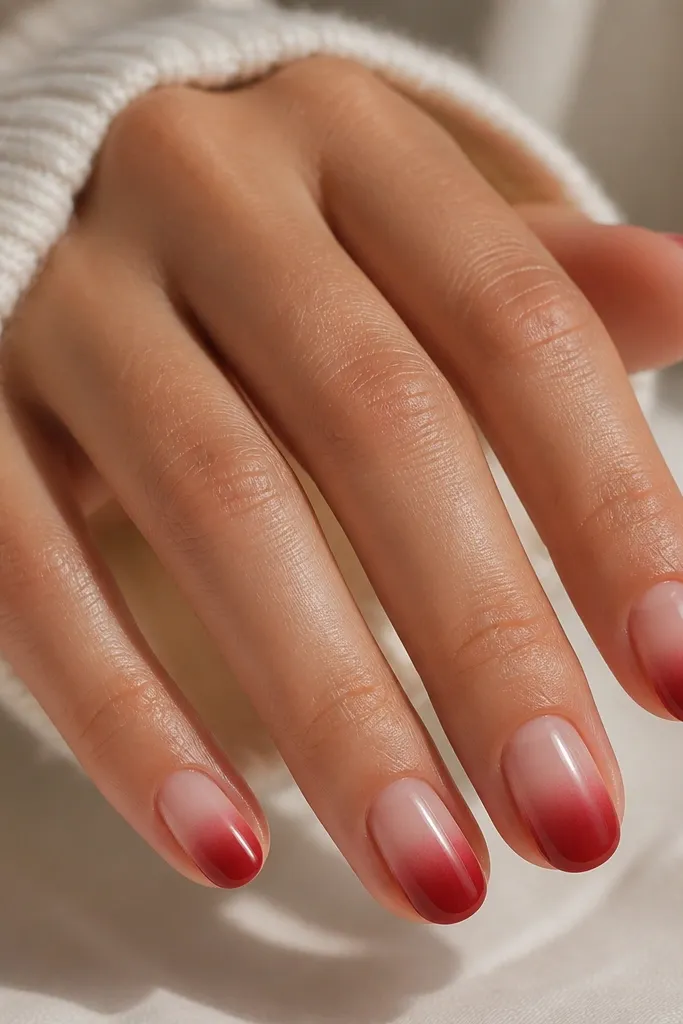 Short oval nails with a smooth ombre: deep red at the tip fading into a nude-pink near the cuticle. The fade is soft and evenly blended with a glossy finish.