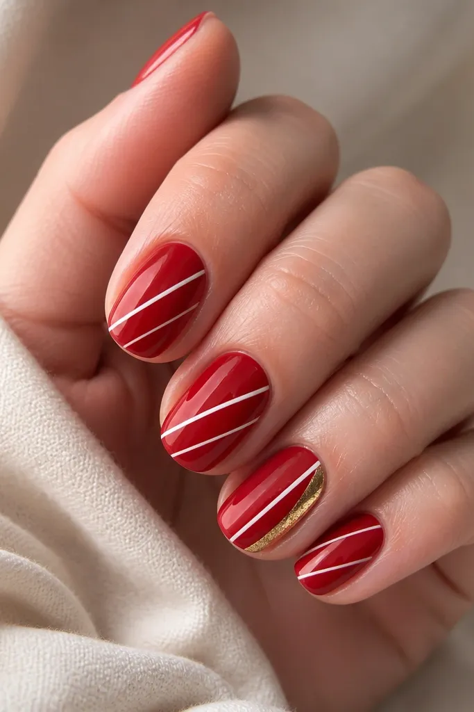 Short oval nails with a glossy red base and thin white stripes running diagonally. One nail has a gold foil strip running along the side near the cuticle, with a clean foil edge.