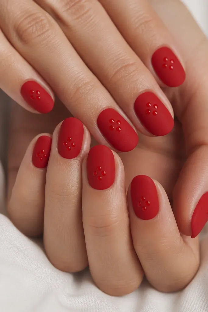 Short oval nails painted matte red. On each nail, there's a small cluster of glossy red dots near the center, with a smooth raised shine effect on the dots only.
