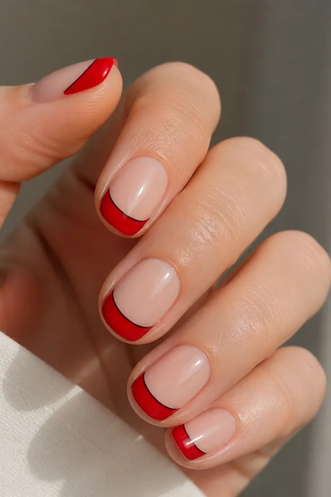 Short oval nails with nude base and bright retro red tips. Each red tip is outlined with a very thin black line following the smile curve, and the nails are glossy overall.