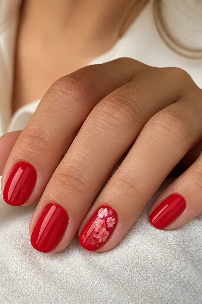 Short oval nails in solid glossy red on most nails. One accent nail has a mini watercolor floral cluster in lighter red and pink petals with a soft center, all on a red base.