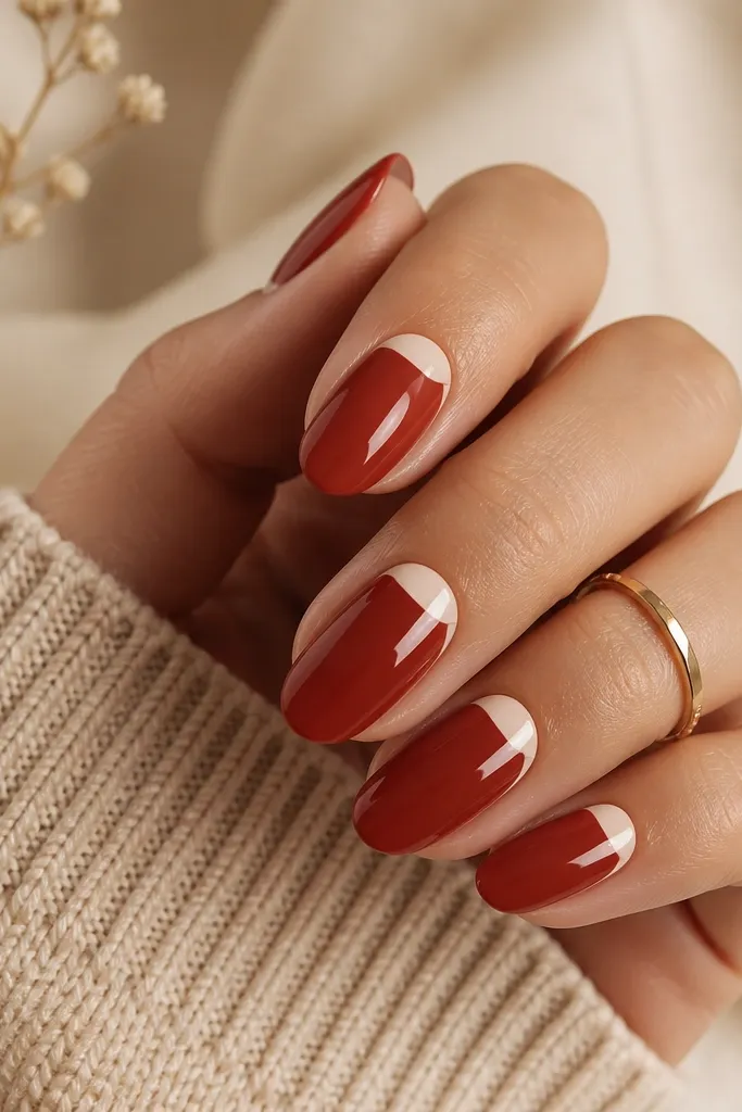 Short almond nails in warm brick red with a creamy nude half-moon at the base; the half-moon edges are crisp and the nails are glossy.