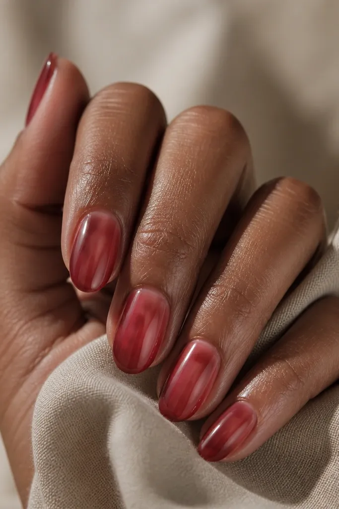 Short almond nails with a nude base visible through a translucent red jelly layer; the jelly has a glossy, slightly dimensional look.