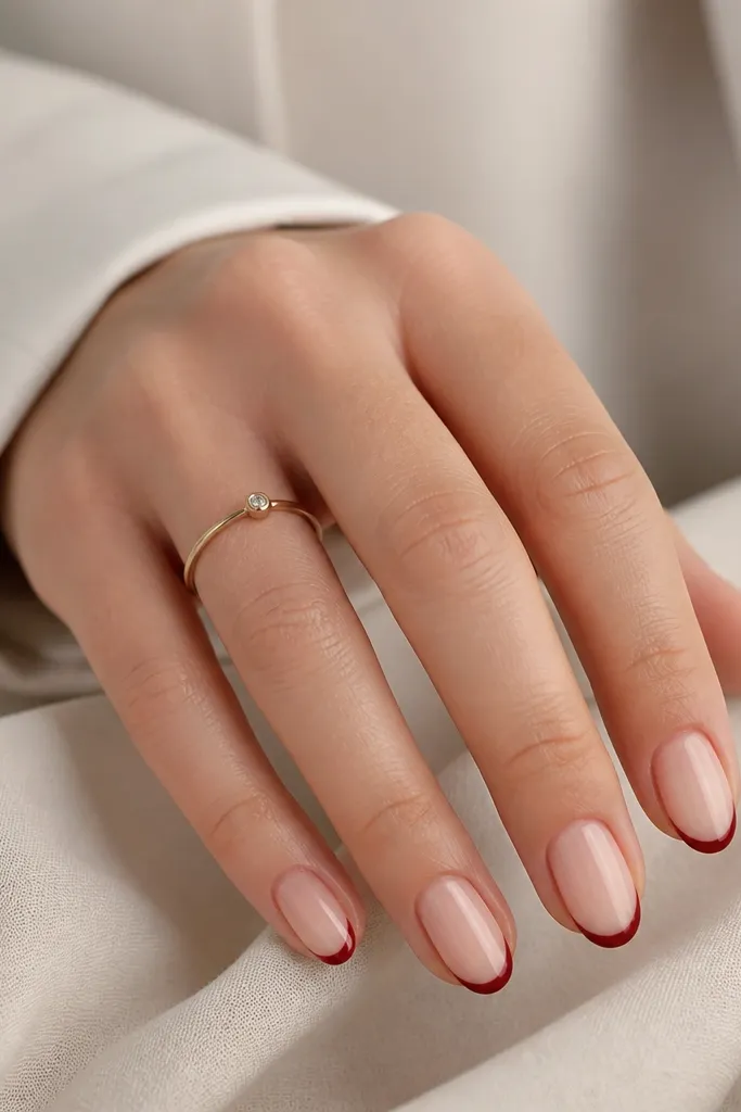 Short almond nails with a sheer nude base and ultra-thin deep red micro French tips; the red tips are narrow and centered.