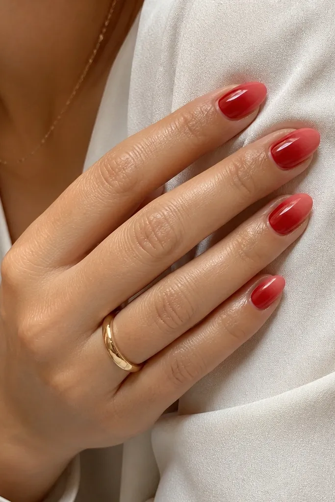 Short almond nails with red ombre that fades softly from a deeper red near the cuticle into a lighter pinkish red toward the tip; glossy finish.