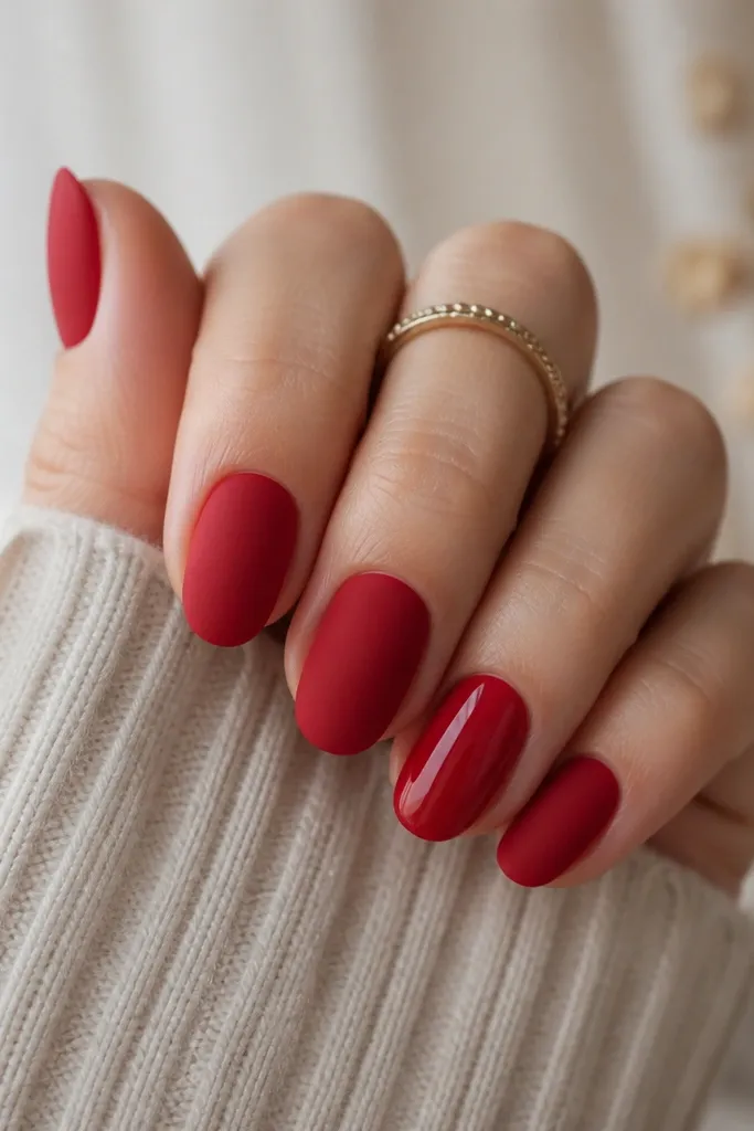 Several short almond nails are matte red with a soft velvet finish, while the ring finger has a glossy red accent that looks shinier and smoother; other nails are matte.