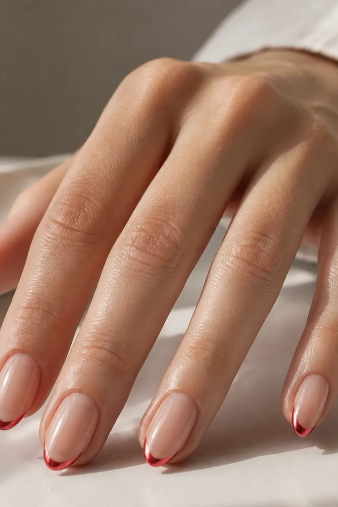 Short almond nails with a sheer nude base and a red satin chrome effect on only the tips; chrome line is thin and centered, with a soft sheen.