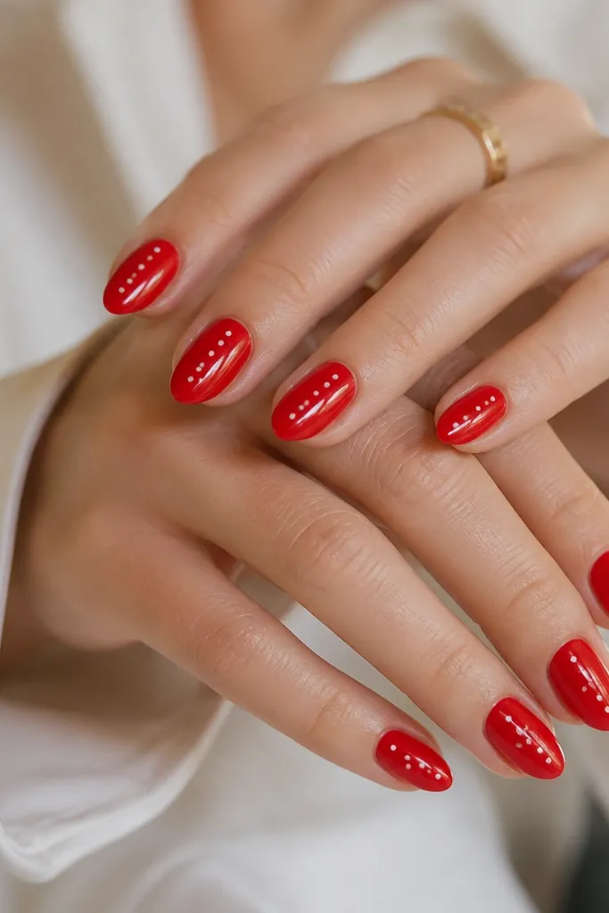 Short almond nails painted glossy red with tiny white dots clustered in a loose constellation near the center; dots are clean and evenly sized.