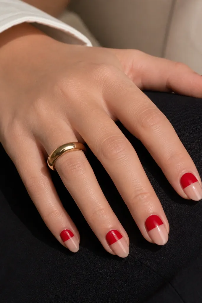 Short almond nails where the bottom half is nude and the top half is solid glossy red, separated by a crisp straight line; nails look clean and modern.