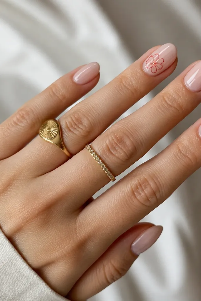 Most short almond nails are sheer nude with glossy finish; one or two nails have tiny red flower outlines and small dots near the center; the rest stay plain.
