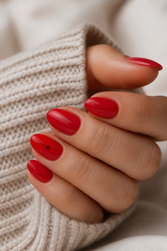 Short almond nails painted glossy red; one nail has a thin black line running vertically along one sidewall, with a tiny black dot near the midpoint.