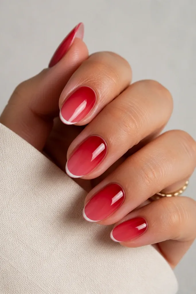 Short almond nails with a red ombre fading toward the tip, and a thin white highlight line along the very edge of the tip; nails are glossy.