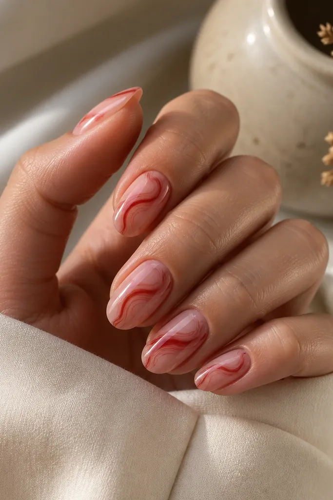 Short almond nails with marbled red twists over a nude base; swirls are thin and airy, with glossy finish and no chunky patterns.