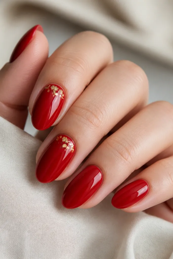 Short almond nails painted glossy red with a few tiny gold foil flakes placed near the cuticle area on two nails; flakes are scattered lightly.