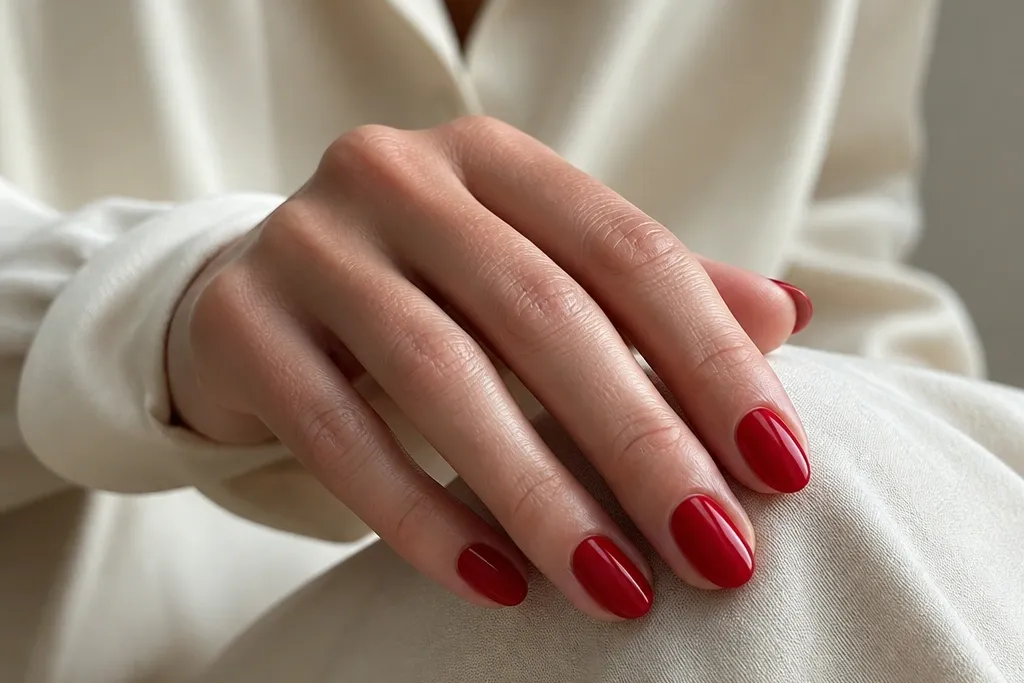 Short red almond nails that stay practical
