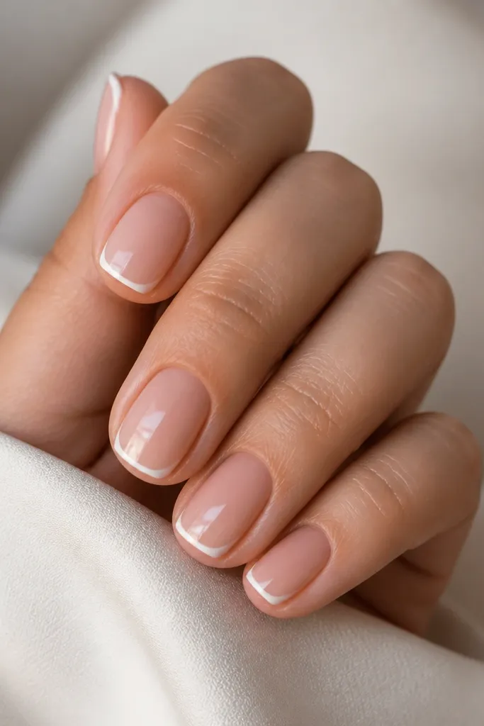 A set of short squoval nail extensions with a sheer nude base and a very thin white French line along the tip; the line is centered and crisp, with a glossy finish.