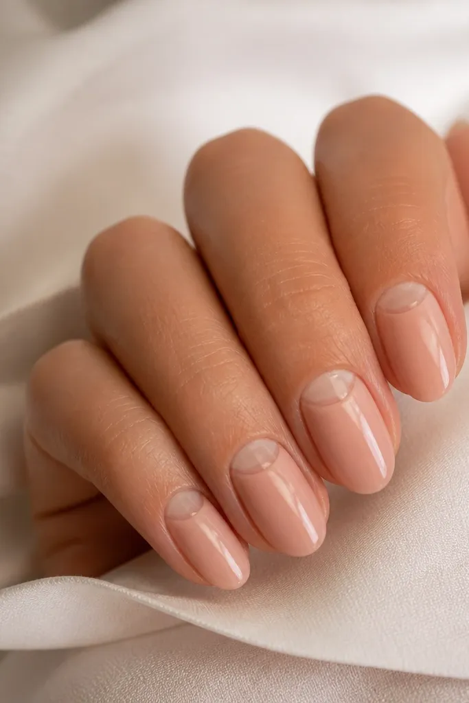 Short almond nails with a nude pink base; a clear half-moon arc sits right under the cuticle line, leaving negative space that looks like a crescent window; glossy top coat.