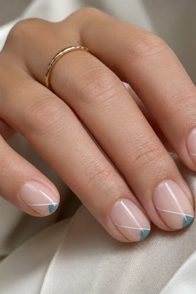 Nails with a mostly nude base; a thin diagonal white stripe runs from near the cuticle to the side of the free edge; one corner has a small solid color triangle (muted teal) near the tip.