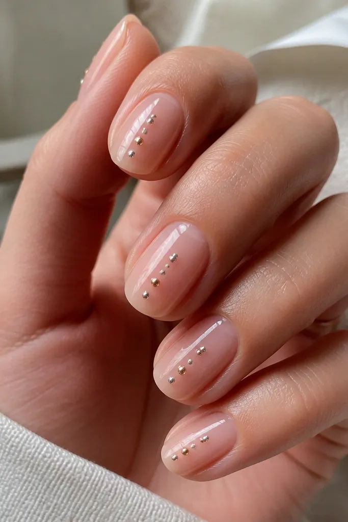 Clear or sheer nude nails with a cluster of tiny metallic dots arranged like a mini constellation down the center; dots alternate between silver and champagne chrome; glossy finish.