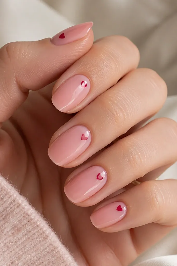 Sheer pink nails with a glossy finish; each nail has a single tiny heart near the side of the cuticle or just above the center, in glossy red or deep pink.