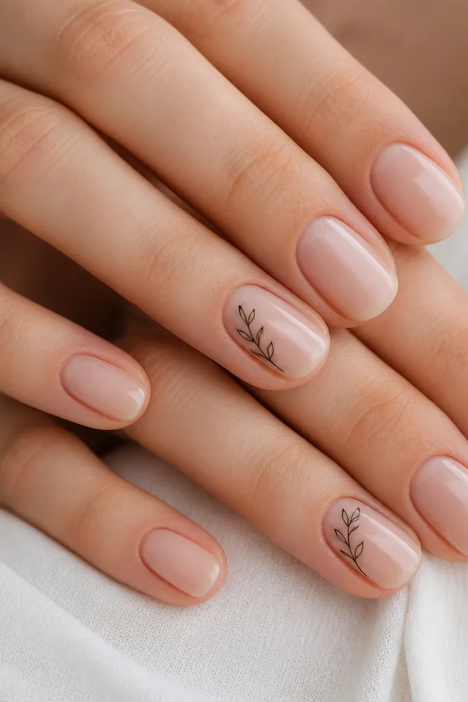 Nude nails with one thin black single-line leaf drawn near the cuticle on two accent nails; the line is crisp and minimal; glossy finish.