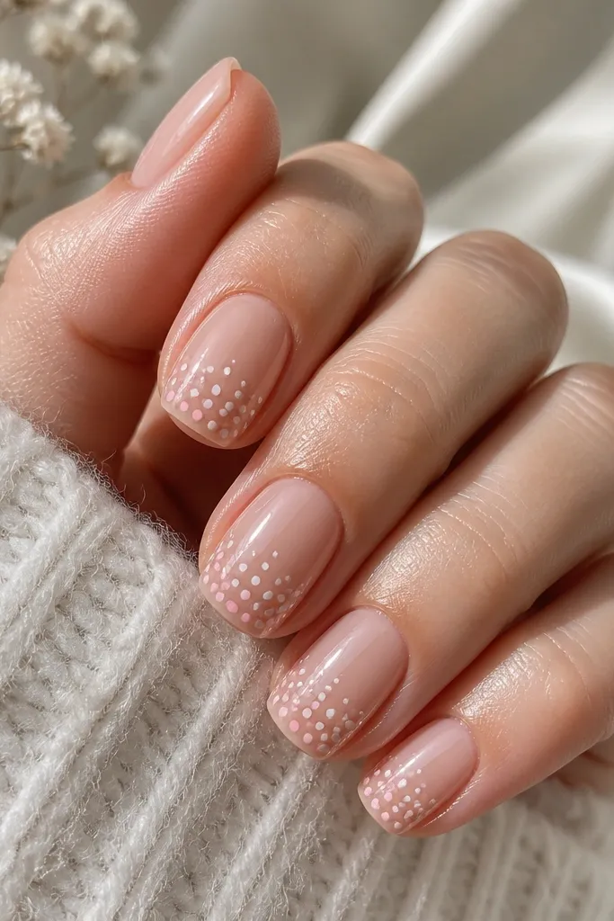 Short squoval nails with a sheer nude base; the tip has a small cluster of dots in white and blush, leaving clear negative space between the dots; glossy top coat.
