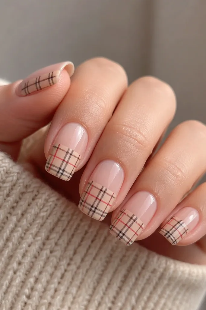 Nails with nude base and a small centered plaid panel near the tip; thin lines in black, muted red, and soft cream form a tiny check grid; glossy finish.