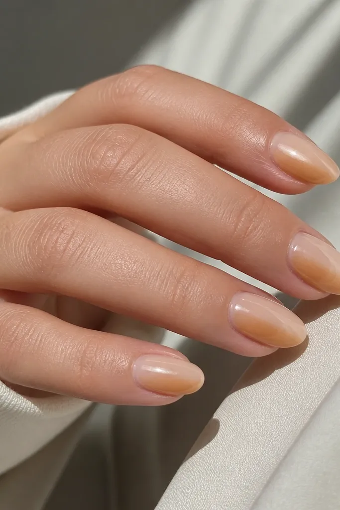 Short almond nails with a nude-beige base that fades slightly brighter toward the tip; one side edge has a soft ombre wash in light caramel, with glossy finish.