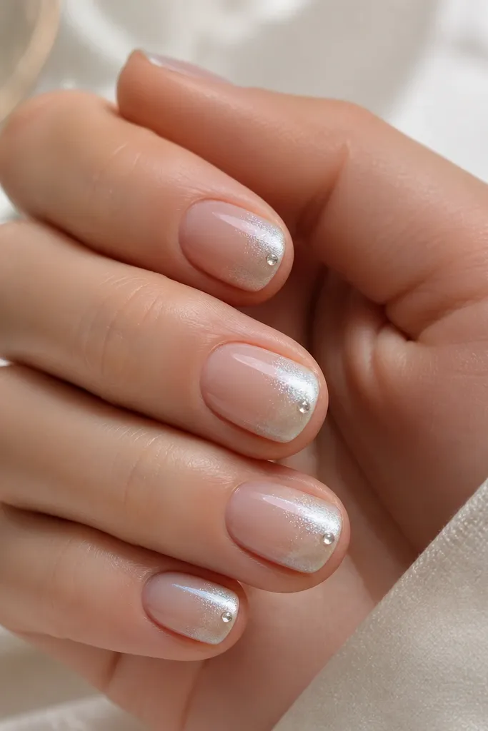 Short nails with a sheer nude base; the top half of the tip is coated in pearly white shimmer like pearl dust; a single tiny clear rhinestone sits at the outer corner near the free edge; glossy finish.