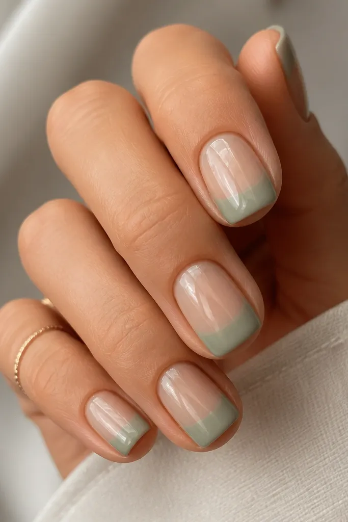 Short square-to-squoval nails with a nude sheer center panel; the tip is solid color (sage green) across the width; a vertical sheer window runs through the center; glossy finish.