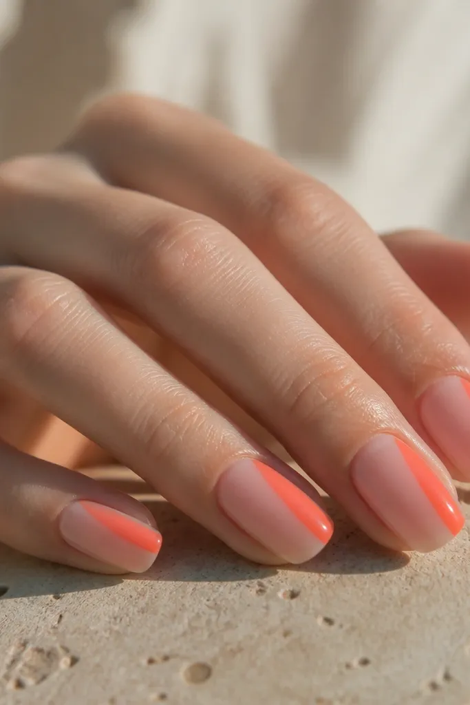 Clear or ultra-sheer nails with a single thick side stripe in bright coral running from mid-nail to the tip on one side; the stripe has sharp edges; glossy finish.