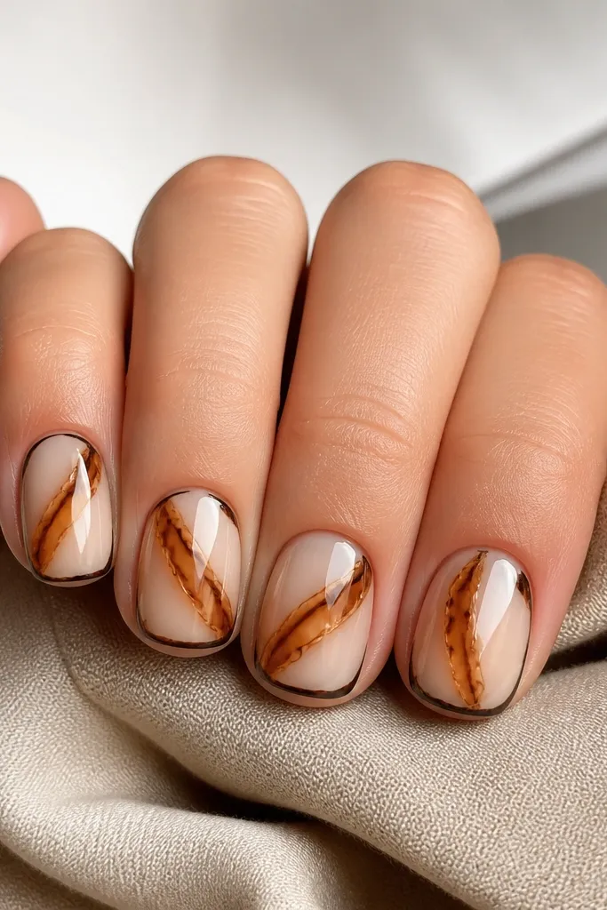 A row of short squoval nails with a warm milky nude base. Honey amber streaks run through the center, caramel ribbons cross at a diagonal, and thin cocoa outlines sit mostly near the edges. The nails are glossy and smooth, with a clean, mottled tortoise pattern.