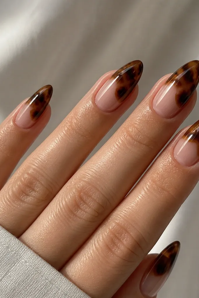 Medium almond nails with a sheer nude base that still shows the natural nail. The tortoise pattern is darker: espresso-brown outlines and deeper caramel streaks create a high-contrast mottled effect. The gloss is mirror-like, and the pattern is denser toward the tips.