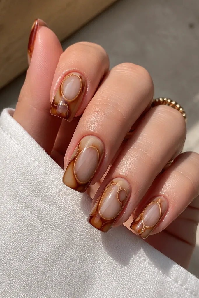 Medium squoval nails with a nude base and clear-looking negative space patches. Honey and caramel streaks form around the windows, while cocoa outlines frame the shapes. The negative areas make the shell look airy and modern, with glossy shine.