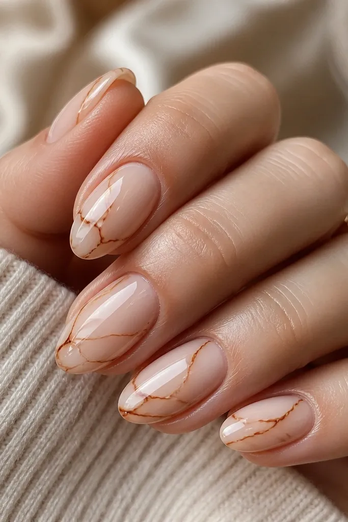 Short almond nails with a creamy nude base. The tortoise shell pattern is made with very thin, crisp lines: honey and caramel appear as delicate streaks, and cocoa outlines are narrow like pen lines. The overall look is airy with lots of nude showing through.