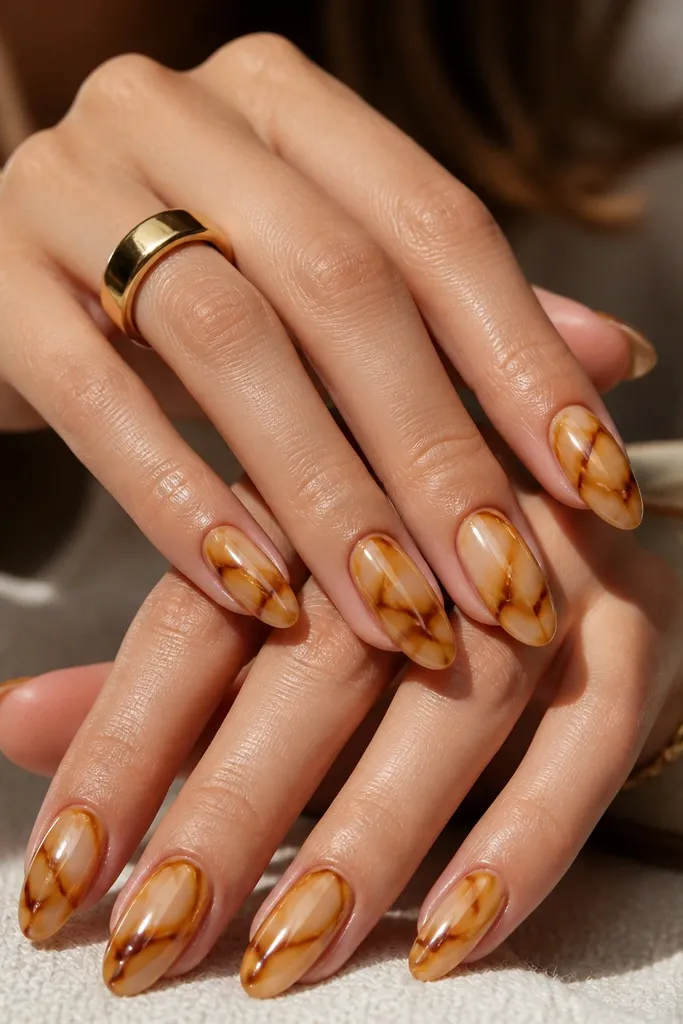 Medium almond nails with a light beige base. The pattern is caramel-forward with larger amber and caramel patches, while cocoa is limited to skinny outlines. The nails look warm, glossy, and slightly more saturated than the classic version.
