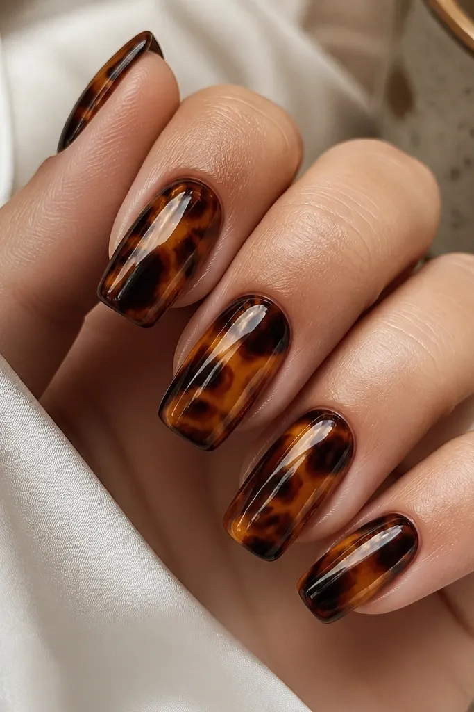 Long squoval nails with a glossy, glassy finish. The tortoise shell pattern is classic: honey streaks, caramel ribbons, and cocoa outlines. The surface looks smooth and reflective, with no ridges over the marbling.