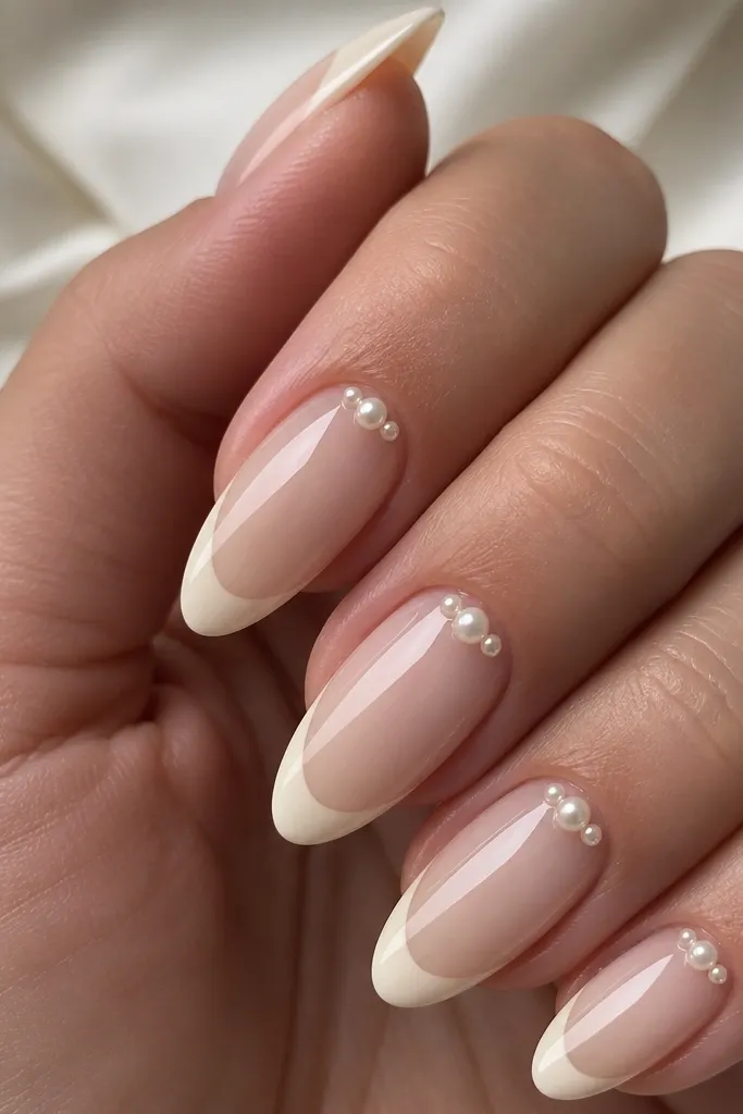 Close-up of almond white nail extensions with a creamy off-white French tip. Two or three tiny pearl-like beads sit clustered at the lower cuticle line on each nail, with a soft glossy finish.