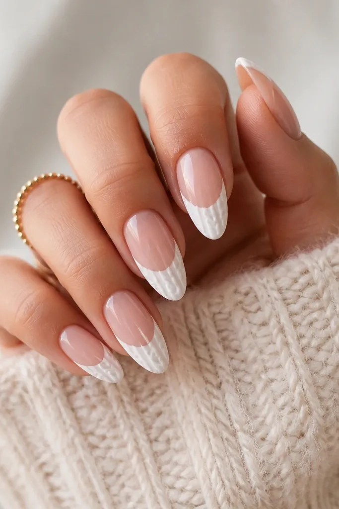 Medium oval extensions on a sheer nude base. The tips are white with raised cable-knit lines running diagonally, like a sweater pattern, and the top coat is satin-matte.